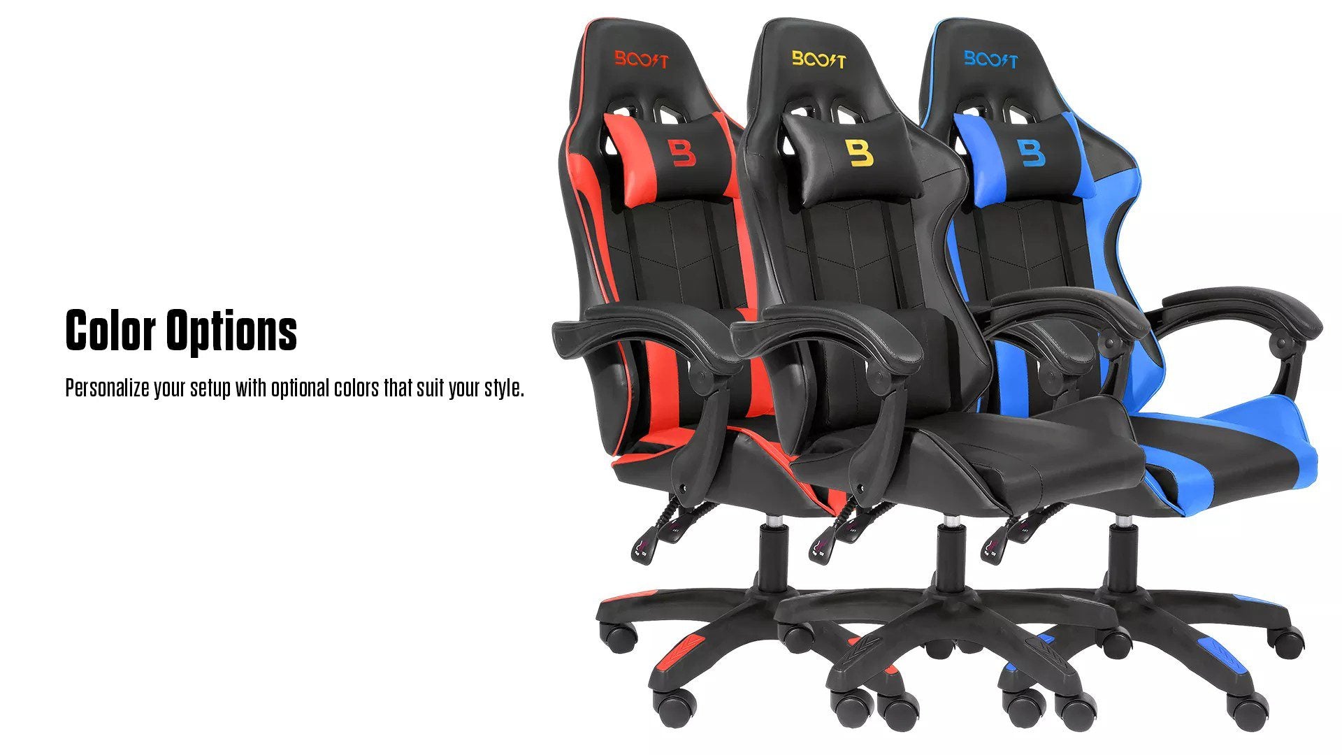 A trio of gaming chairs displayed in red, blue, and green, highlighting their modern and ergonomic features.