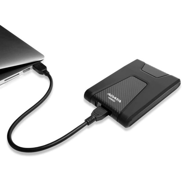 Image of a ADATA HD HD2S 2TB external hard drive in carbon black, showcasing its sleek design and storage capacity.