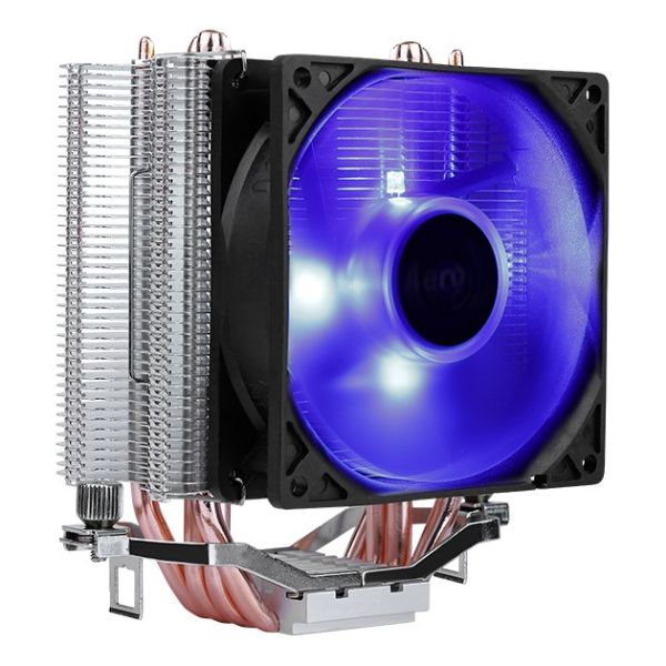 A blue CPU cooler featuring a fan, designed for efficient heat dissipation in computer systems.