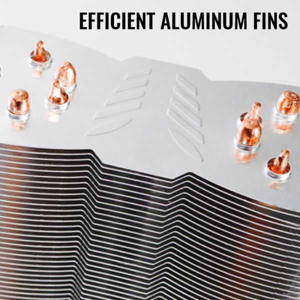 A collection of aluminum fins displayed together, featuring the text "efficient aluminum fins" prominently