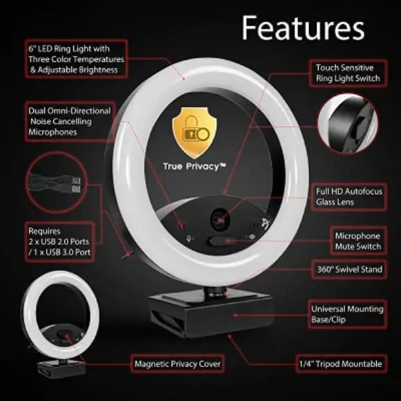 Arozzi Occhio – True Privacy Ring Light Webcam - PakByte Computers 