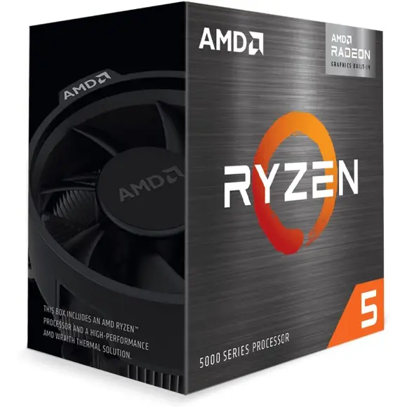 A box of an AMD Ryzen 5 5000 Series processor. The box is primarily black with orange and red accents, featuring the AMD logo and a grey brushed metal texture.