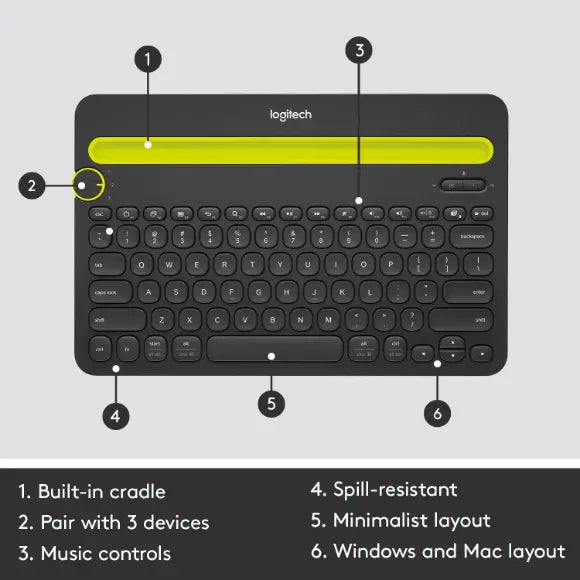 Logitech K480 Wireless Multi-Device Keyboard - BLACK - PakByte Computers 