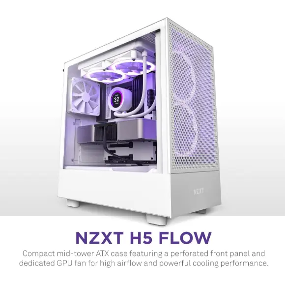 NZXT H5 Flow Compact ATX Mid-Tower PC Gaming Case – White - PakByte Computers 