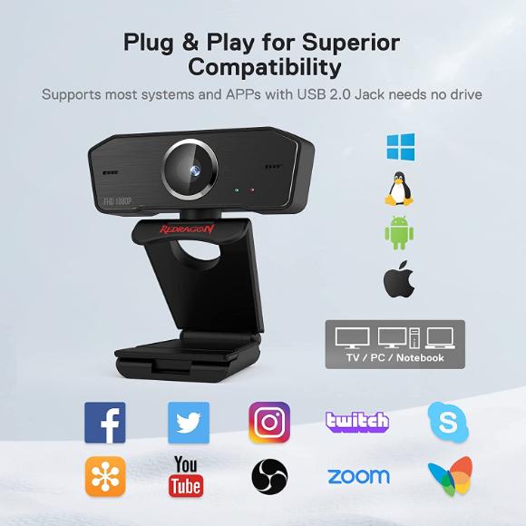 Redragon GW800 1080P PC Webcam with Built-in Dual Microphone, 360° Rotation - 2.0 USB Computer Web Camera - PakByte Computers 