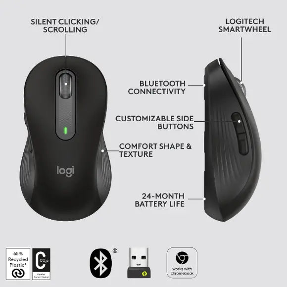 Logitech Signature M650 L Full Size Wireless Mouse - Black - PakByte Computers 