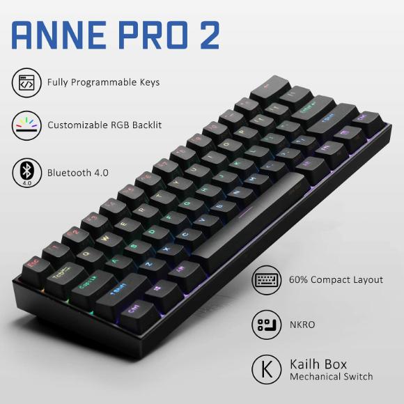 ANNE PRO 2, 60% Wired/Wireless Mechanical Keyboard (Gateron Red Switch/Black Case) - PakByte Computers 