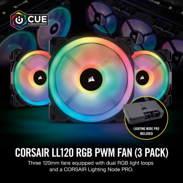 Corsair LL Series LL120 RGB 120mm Dual Light Loop RGB LED PWM Fan 3 Fan Pack with Lighting Node Pro - PakByte Computers 