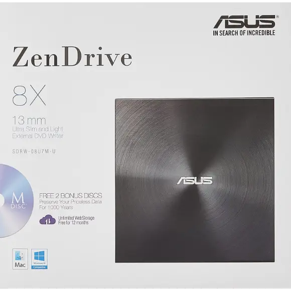 ASUS ZenDrive U7M Ultra Slim USB 2.0 External 8X DVD Optical Drive - Black (SDRW-08U7M-U/BLK) - PakByte Computers 