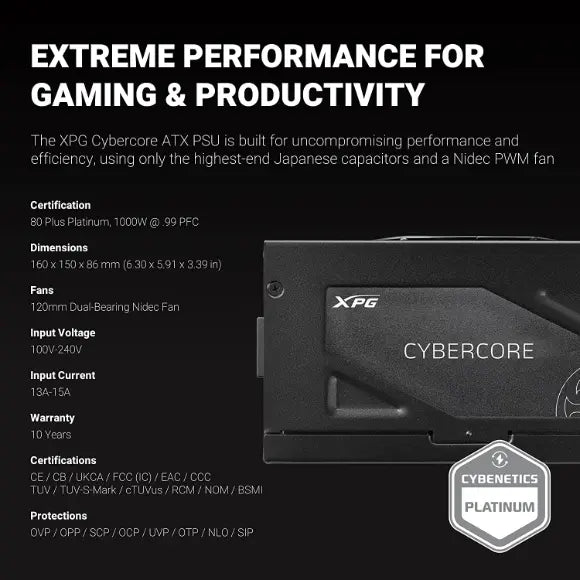 XPG CYBERCORE 1000W 80 Plus® Platinum Fully Modular Power Supply - PakByte Computers 