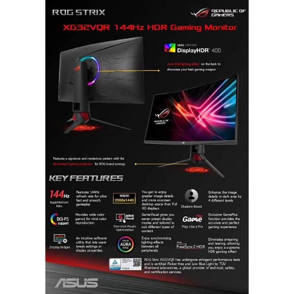 ASUS ROG STRIX Curved XG32VQR, 32 Inch (31.5 Inch) WQHD (2560 x 1440), VA, Up to 144 Hz, black - PakByte Computers 