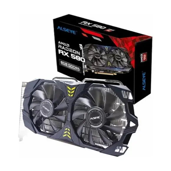 A graphics card displayed prominently in front of its packaging box, showcasing its design and branding.