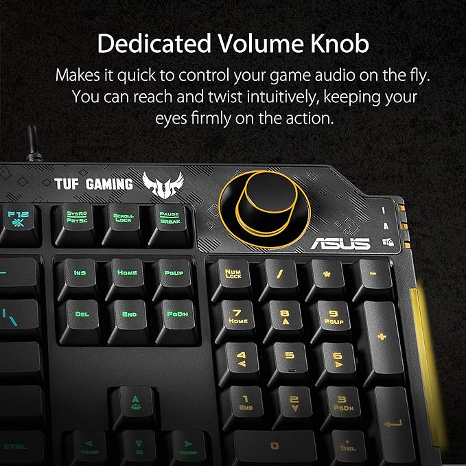 ASUS TUF K1 Gaming Keyboard - Programmable, RGB Lighting, Volume Knob, Detachable Wrist Rest, Spill-Resistant, Durable - Black - PakByte Computers 