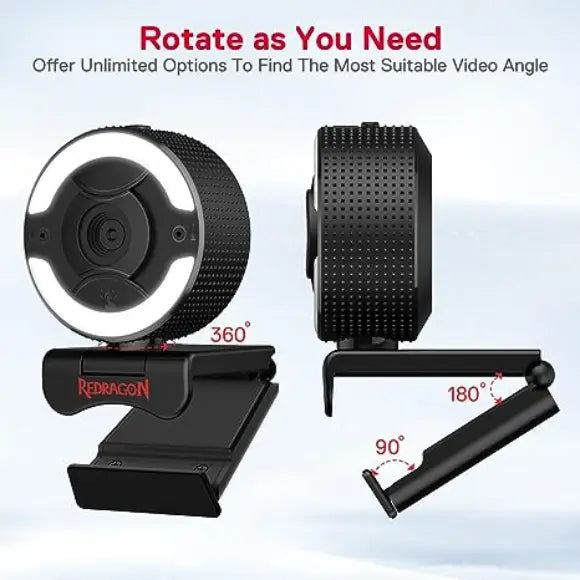 Redragon GW910 1080P PC Webcam w/Dual Microphone, Adjustable Ring Light, Digital Zoom & Privacy Cover - PakByte Computers 