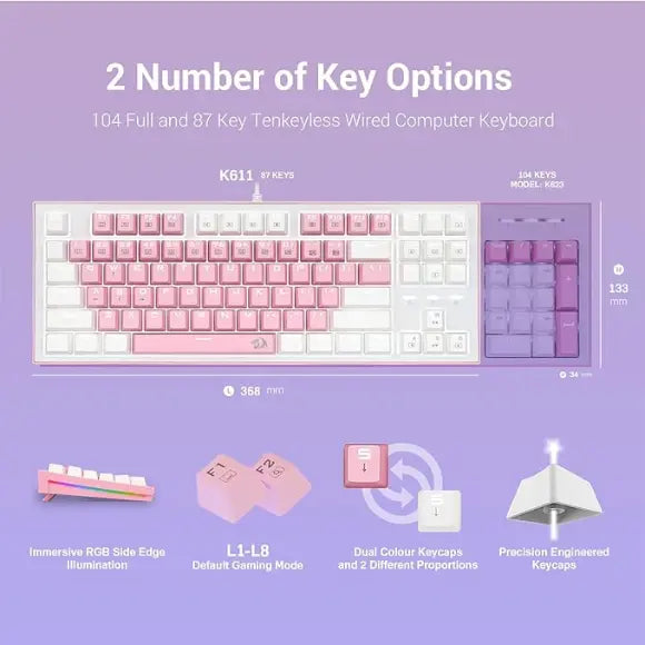 Redragon WIB BES K611 Dual Color Keys Mechanical Gaming Keyboard - White/Pink - PakByte Computers 