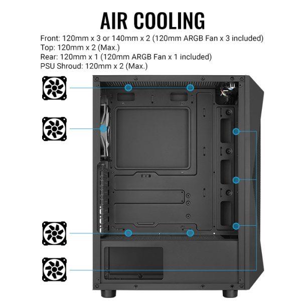 Visual representation of a computer case's air cooling system, emphasizing fan placement and airflow design for efficient cooling.