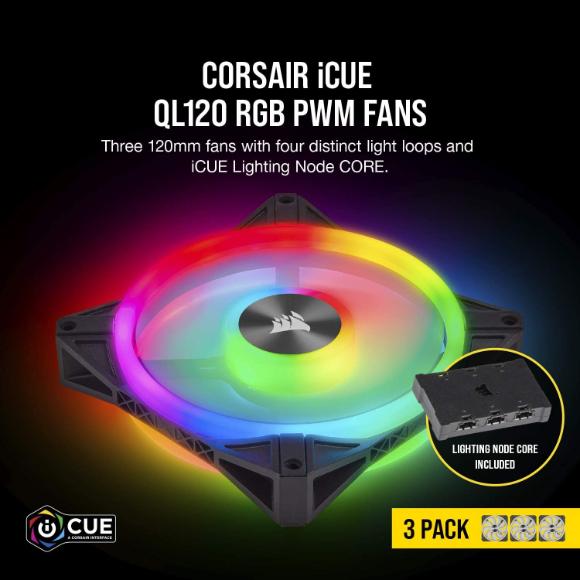 Corsair QL Series, QL120 RGB, 120mm RGB LED Fan, Triple Pack with Lighting Node Core - PakByte Computers 