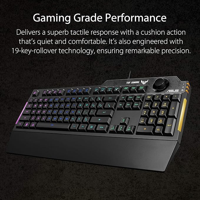 ASUS TUF K1 Gaming Keyboard - Programmable, RGB Lighting, Volume Knob, Detachable Wrist Rest, Spill-Resistant, Durable - Black - PakByte Computers 