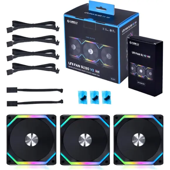 Lian Li UNI Fan SL120 V2 RGB Triple Pack with Controller - Black - PakByte Computers 