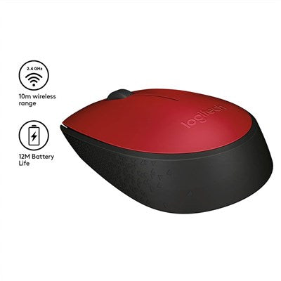 Logitech M171 Wireless Mouse, 2.4 GHz with USB Mini Receiver, Optical Tracking - Red