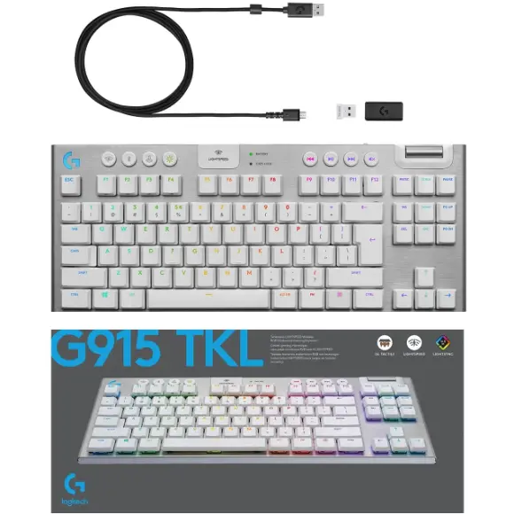 Logitech G915 TKL Tenkeyless LIGHTSPEED Wireless RGB Mechanical Gaming Keyboard - Tactile Switch (White) - PakByte Computers 