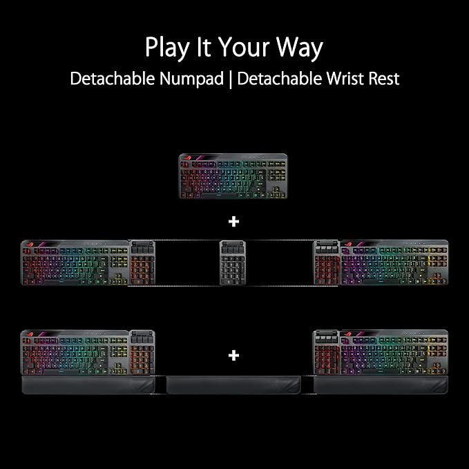 ASUS ROG Claymore II Wireless RGB Modular Gaming Keyboard with Detachable Numpad and RX Red Switches - PakByte Computers 