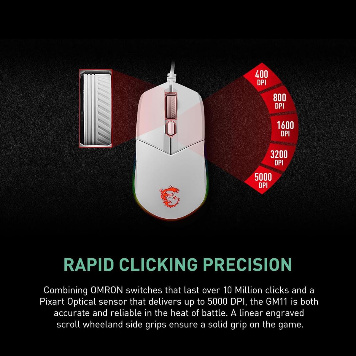 MSI Clutch GM11 White Gaming Mouse, 5000 DPI, 10M Omron Switches, Optical Sensor, Symmetrical Ergonomic Design, RGB Mystic Light Compatible - PakByte  