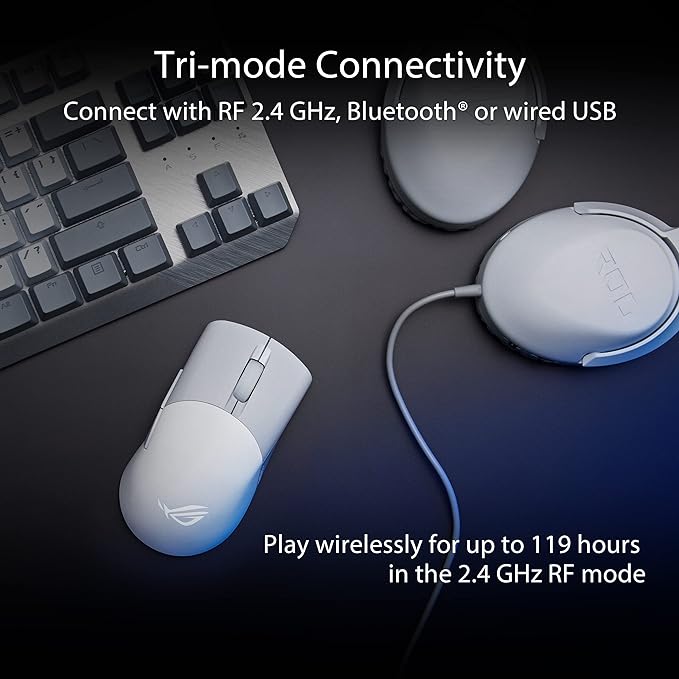 Asus ROG Keris Wireless Mouse: Triple Connectivity, 36K DPI, 5 Buttons, SpeedNova, Replaceable Switches, Paracord,white. - PakByte Computers 