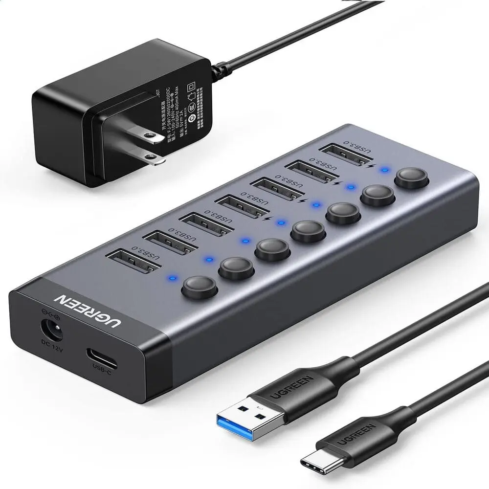 Ugreen 7-Port USB 3.0 Hub (EU) With Independent Switch and 24W Power Supply (12 V/2 A) for Charging and Data Transfer, Compatible with MacBook, Surface Pro 7, Notebook and Other Laptops - PakByte  