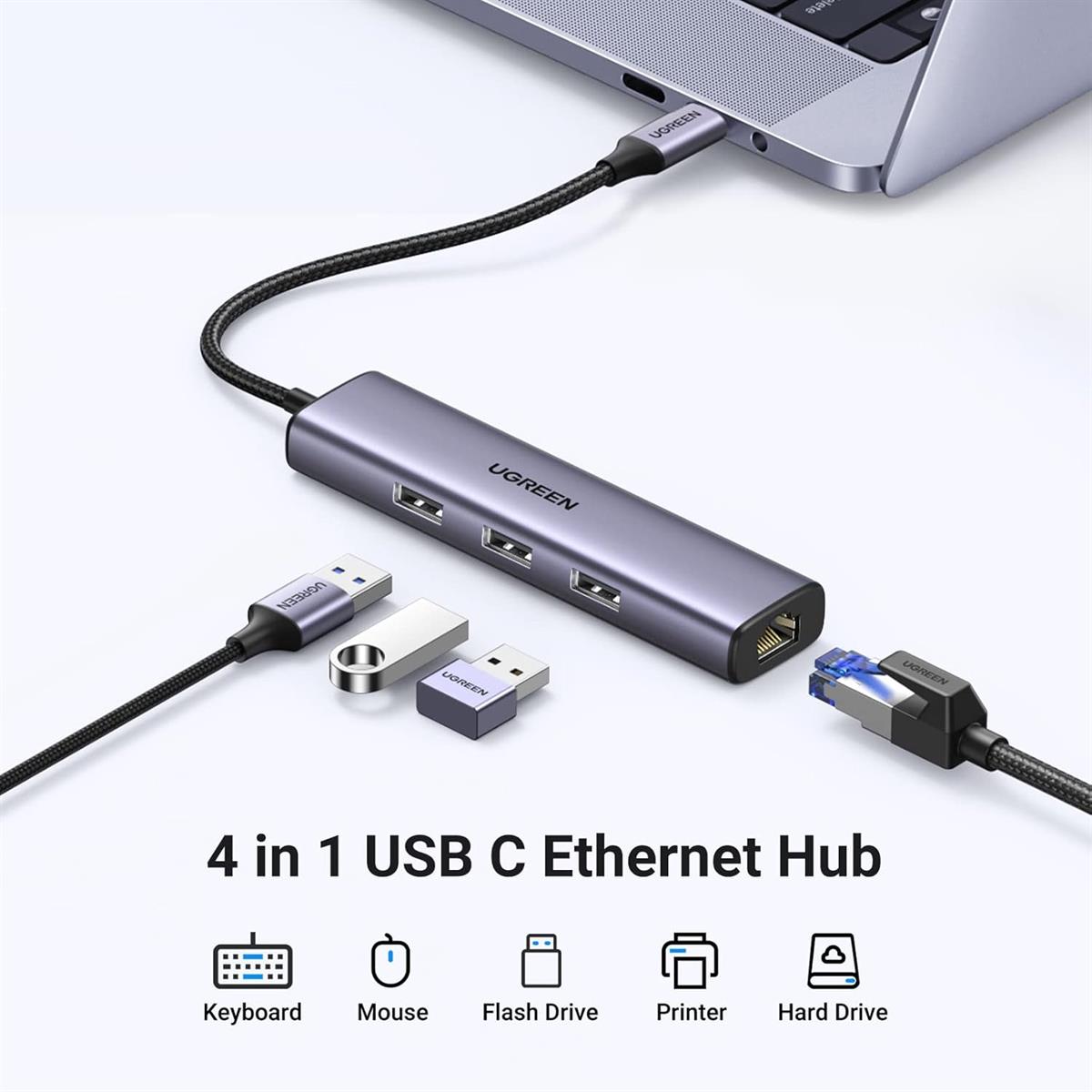 Ugreen USB-C to Ethernet Adapter, 4-in-1 USB C Hub Ethernet with 3 USB 3.0 Ports/Gigabit RJ45, Plug & Play, Thunderbolt (3/4) to Network Adapter for MacBook Pro/Air, XPS, iPad Pro, iPhone 15 Pro/Max - PakByte  