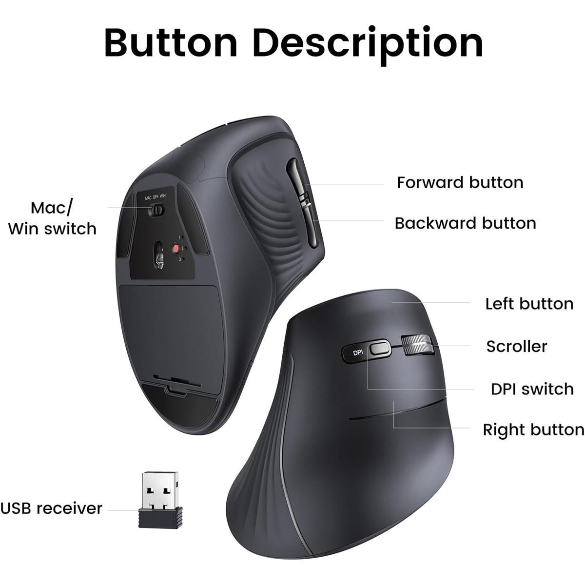 Ugreen Vertical Mouse Wireless (Bluetooth 5.0+2.4G) Ergonomic Mouse with 5 Buttons, 1000/1600/2000/4000 DPI, Prevention of Mouse Arm, Vertical Mouse Compatible with PC/Laptop/Tablet, Black - PakByte  